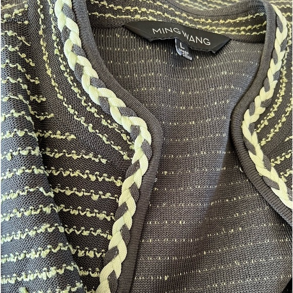 MING WANG Open Front Knit Cardigan Braided Trim Mint Green Charcoal Gray Size L - Picture 9 of 11
